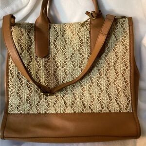 Brown and Cream Structured Tote Bag with Leather Accents